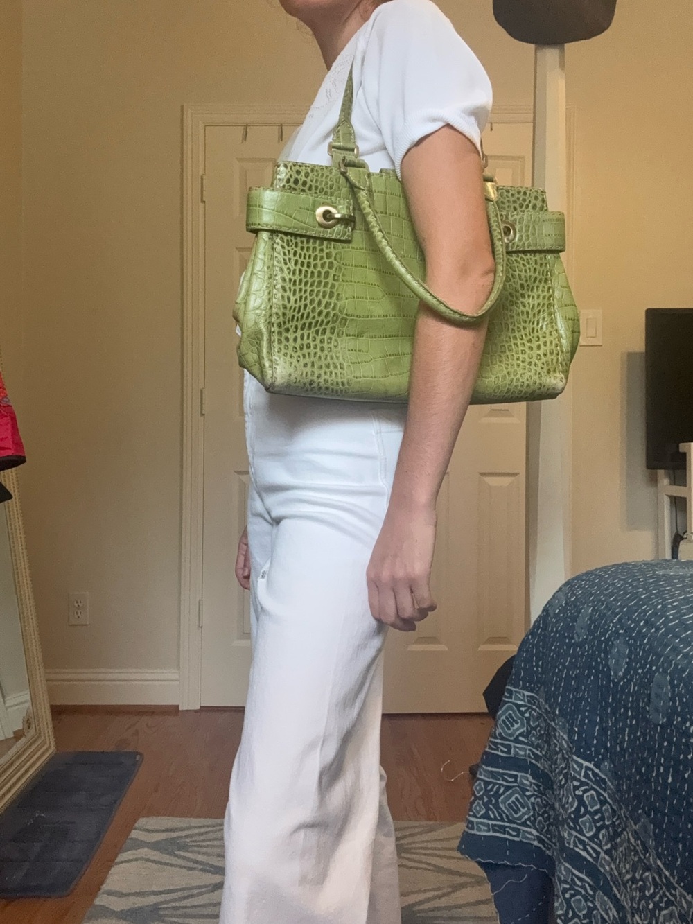Green croc embossed shoulder bag